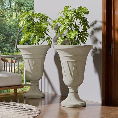 Tall Plastic Urn Planters for Outdoor Plants Set of 2-23.6" H Classic Trophy Design Indoor Large Flower Pots with Drainage Holes, Outdoor Planters for Porch Decor/Garden Vase, Off-White
