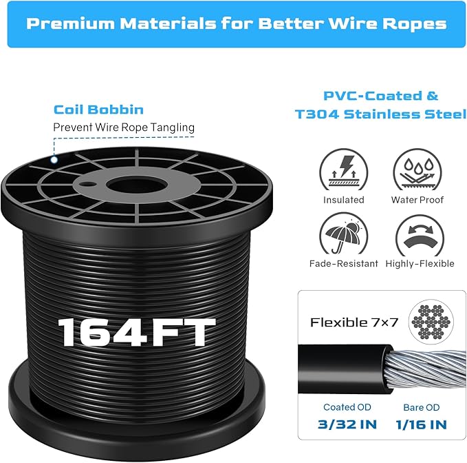 NEREUS String Light Hanging Kit with 164 Ft Vinyl Coated 304 Stainless Steel Cable, String Light Suspension Kit, Guide Wire with Turnbuckles and Hooks for Patio, Backyard Lighting Accessories