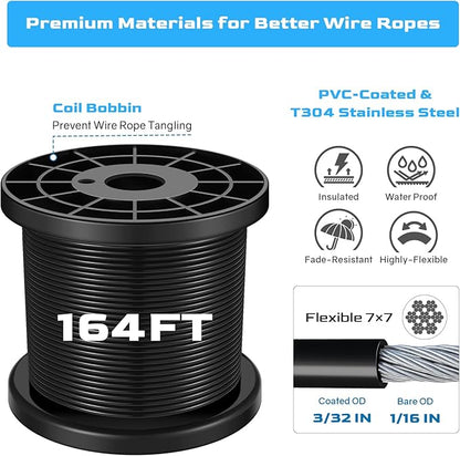 NEREUS String Light Hanging Kit with 164 Ft Vinyl Coated 304 Stainless Steel Cable, String Light Suspension Kit, Guide Wire with Turnbuckles and Hooks for Patio, Backyard Lighting Accessories