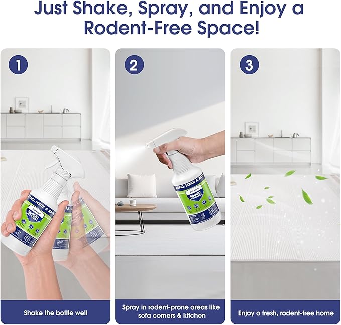 Rodent Repellent Spray, 16oz – Effective Natural Peppermint Formula Repel Mice, Rats, Squirrels, and Rodents. Safe for Indoor, Outdoor, and Car Engines. Safe for People and Pets.