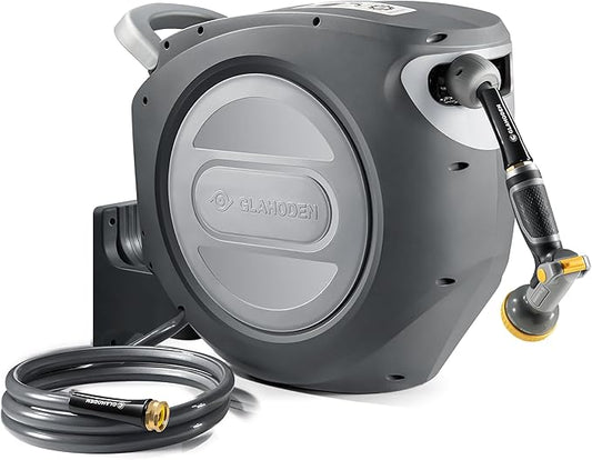 GLAHODEN Retractable Garden Hose Reel 1/2 in x 100 ft Upgraded UV Resistant Heavy Duty Automatic Hose Reel Wall Mount 3/4 in Brass Fitting 9 Pattern Nozzle Any Length Lock Slow Retraction 180° Swivel