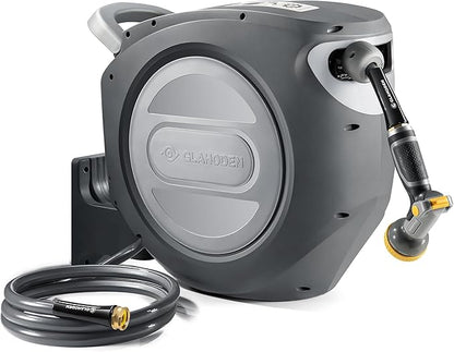 Retractable Garden Hose Reel 5/8 in x 75 ft Upgraded UV Resistant Heavy Duty Automatic Hose Reel Wall Mount 3/4 in Brass Fitting 9 Pattern Nozzle Any Length Lock Slow Retraction 180° Swivel