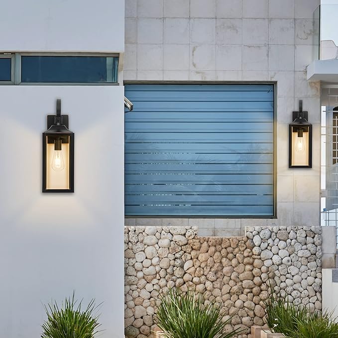 19" Large Outdoor Wall Light, Black Outside Light for House Outdoor Sconce Wall Lighting Fixture, Farmhouse Exterior Wall Mount Lantern for Porch, Waterproof Glass Patio Lamp, Black with Gold Trim