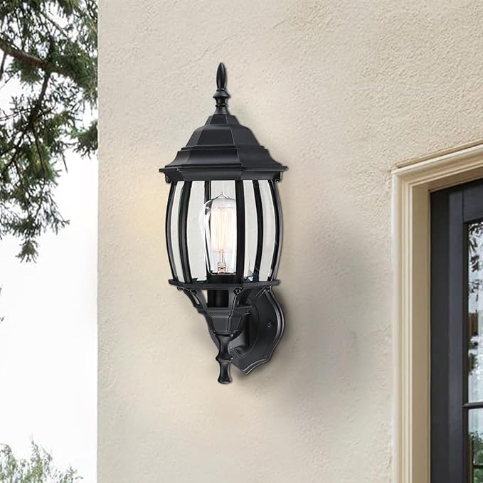 16.8 Inch Outdoor Porch Light - Black Outside Light for House, Metal and Glass Exterior Wall Sconce, Waterproof Wall Mount Outdoor Lantern for Garage,Front Door,Balcony,E26 Base