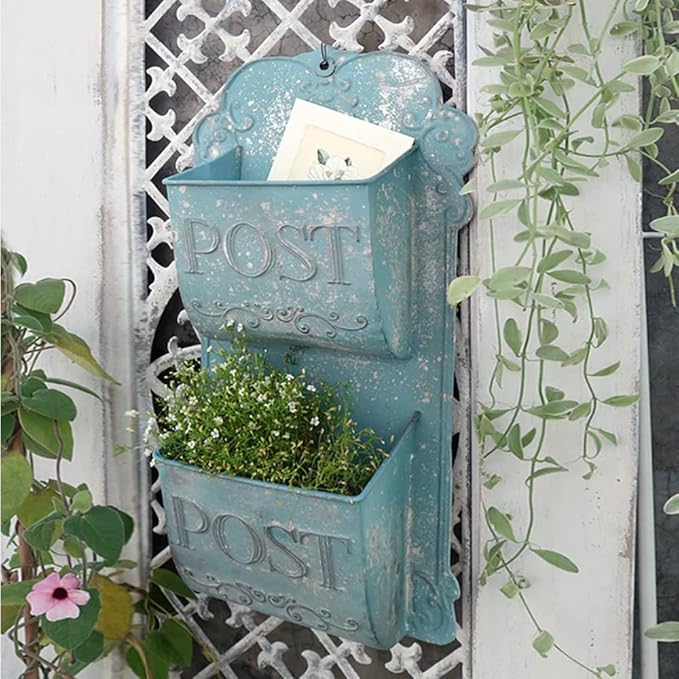 All Chic Metal Hanging Planter Wall Mounted Planters Metal Wall Planter Wall Vase Indoor Outdoor Wall Planter for Farmhouse Decor (Blue)