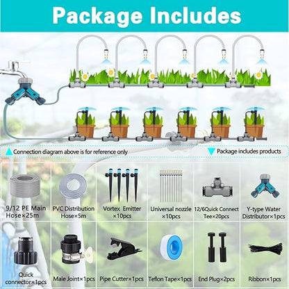 98FT Drip Irrigation System Kit,Quick Installation and Disassembly,with Y-Type Distribution Water Separator,Atomization and Drip Irrigation Nozzles,Flowerpot Garden Plant Yard Watering System.