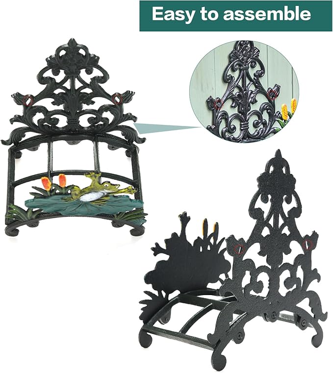 Sungmor Cast Iron Heavy Duty Garden Hose Holder - Decorative Hand-Painted Frog Wall Mounted Water Hose Hanger - Wall Decoration Hanging Hose Rack - Hose Reel Storage Butler - Metal Hose Stand