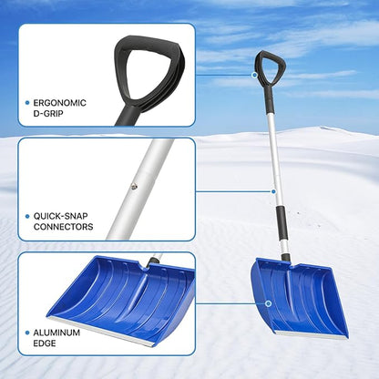 MoNiBloom Snow Shovel 16" Blade with Aluminum Edge, 48" Length Detachable D-Grip Handle, Wide Snow Shovel for Driveway Sidewalk and Deck