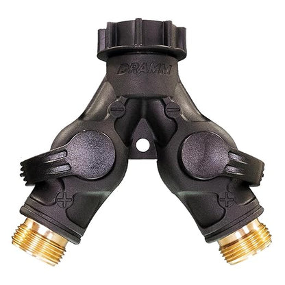 Dramm High Flow Twin Shut Off Valve with Full Water Flow, Two Way Connector, One Touch Thumb Control Turn Off Position, Corrosion Resistant Seals