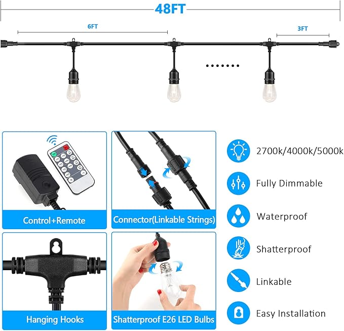 3 Color Dimmable LED Outdoor String Lights with Remotes, 48FT Waterproof Patio Hanging Lights with Shatterproof E26 S14 LED Bulbs for Bistro Cafe Pergola Party, Warm White/Nature White/Daylight White