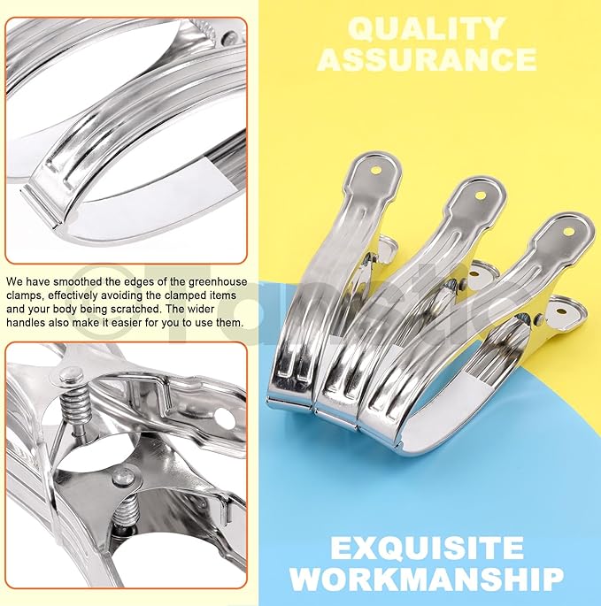 Tanstic 10pcs 6.3 Inch Stainless Steel Greenhouse Clamps Heavy Duty Garden Clips with Strong Grip and Large Open Mouth for Netting Holding