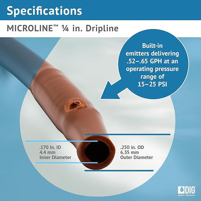 DIG ML-509B ¼” 500’ MICROLINE™ Dripline, 9” Dual Outlet Emitter Spacing, UV-Resistant Tubing for Garden & Landscape Irrigation | Flexible, Durable, Water-Saving | Easy Installation (Brown)
