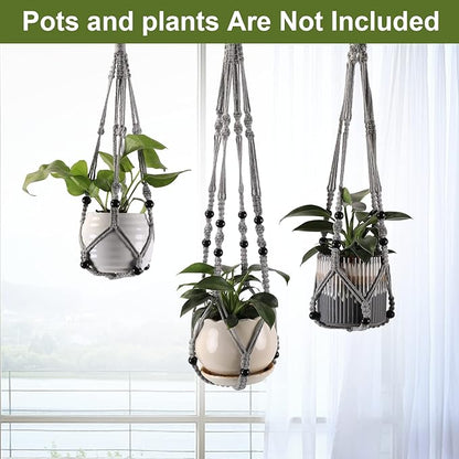 3-Pack Macrame Plant Hanger Indoor - Hanging Planter Basket for Indoor Outdoor - Decorative Boho Plant Holders Set with Beads - Ceiling Flower Pot Holder with 6 Hooks - 35"/30"/24" Gray