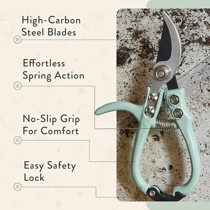 Modern Sprout Hand Pruners - Lightweight Pruning Shears W/Easy Lock- Gardening Scissors - Bypass Sharp Carbon Steel Blade - Rust Resistant - Garden Tools - Reusable Holster - Sage