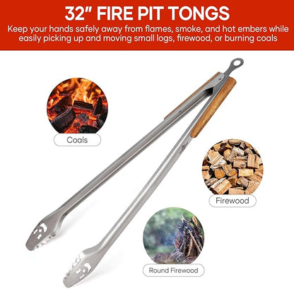 Fire Pit Tongs 32-inch Super Long for Loading Wood,BBQ with Extended Luxurious Acacia Handle for Fire Pits, Fire Rings,Campfires, and Fireplaces, Outdoor or Indoor ﻿