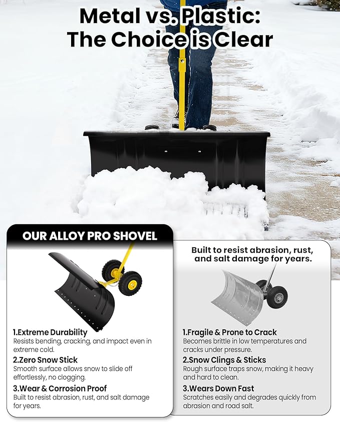 36” Snow Shovel for Driveway,Heavy Duty Wheeled Rolling Shovels 5 Position Angled Blade, Ergonomic Handle & Rubber Wheels for Efficient Snow Removal, Snow Plow for Doorway,Driveway and Sidewalks