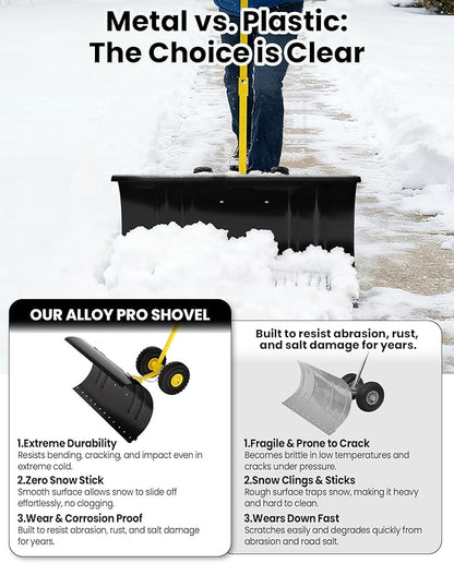 36” Snow Shovel for Driveway,Heavy Duty Wheeled Rolling Shovels 5 Position Angled Blade, Ergonomic Handle & Rubber Wheels for Efficient Snow Removal, Snow Plow for Doorway,Driveway and Sidewalks