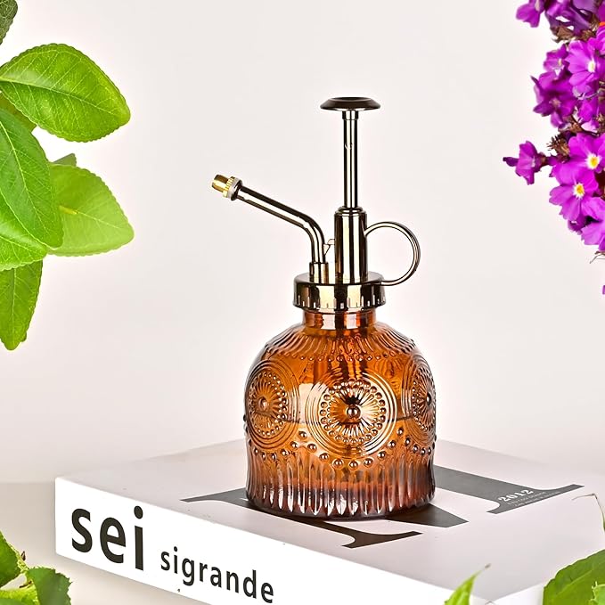 Glass Plant Mister Spray Bottle, 230ML Vintage Plant Spritzer, Succulent Watering Bottle Glass with Top Pump, Small Plants Sprayer Watering Can for Indoor Outdoor House - Brown