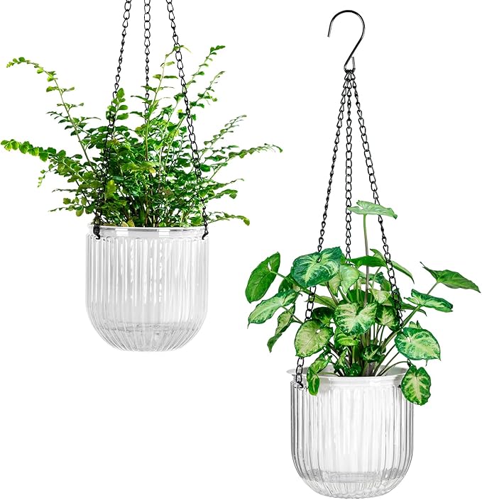 Melphoe 2 Pack Self Watering Hanging Planters Indoor Flower Pots, 5.3 Inch Outdoor Hanging Basket, Plant Hanger with 3Hooks Drainage Holes for Garden Home (White)