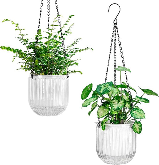 Melphoe 2 Pack Self Watering Hanging Planters Indoor Flower Pots, 5.3 Inch Outdoor Hanging Basket, Plant Hanger with 3Hooks Drainage Holes for Garden Home (White)