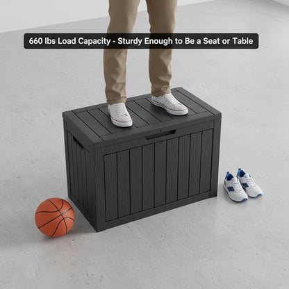 80 Gallon Resin Deck Box, Outdoor Storage Container for Patio Furniture Cushions, Garden Tools, Pool Accessories & Yard Equipment - All-Weather, Lockable, Wood Grain Design