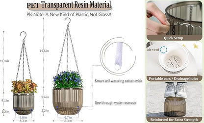 Melphoe 2 Pack Self Watering Hanging Planters Indoor Flower Pots, 5.3/8.3 Inch Outdoor Hanging Basket, Plant Hanger with 3Hooks Drainage Holes for Garden Home (Gray)