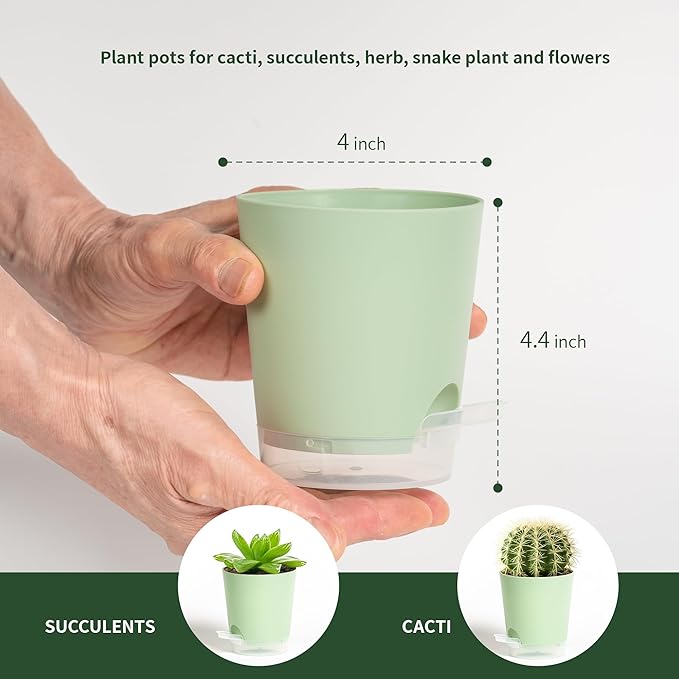 4 Inch 5 Pack Small Self Watering Pots for Indoor Plants, Nursery Pot with Drainage Holes and Saucers, Plastic Small Flower Planter for Succulent, Aloe, Cacti and More(Green)