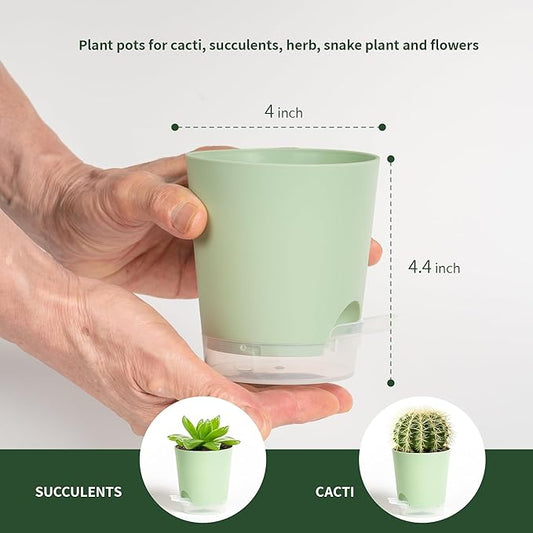 4 Inch 5 Pack Small Self Watering Pots for Indoor Plants, Nursery Pot with Drainage Holes and Saucers, Plastic Small Flower Planter for Succulent, Aloe, Cacti and More(Green)