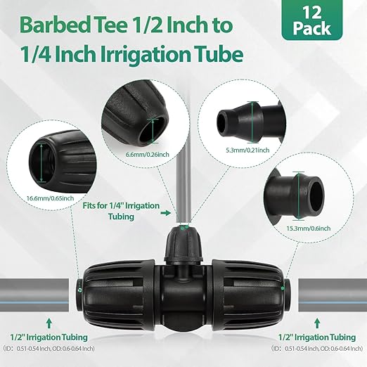 RedChili 12 Pcs 1/2" to 1/4" Drip Irrigation Fittings, Dripline 1/2 Inch (1/2" ID x0.6-0.65" OD) to 1/4 Inch Reducing Tee Adapter Drip Tubing Barbed Lock Nuts 1/2" to 1/4" Irrigation 3 Way Connectors