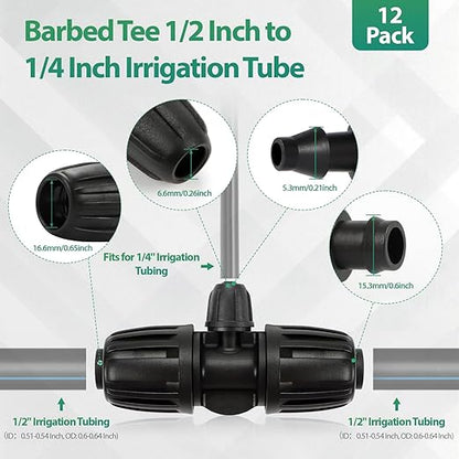 RedChili 12 Pcs 1/2" to 1/4" Drip Irrigation Fittings, Dripline 1/2 Inch (1/2" ID x0.6-0.65" OD) to 1/4 Inch Reducing Tee Adapter Drip Tubing Barbed Lock Nuts 1/2" to 1/4" Irrigation 3 Way Connectors