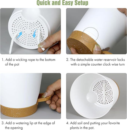 4 inch Self Watering Pots for Indoor Outdoor Plants, 6 Pack Plastic Flower Planters with Drainage Holes and Removable Saucers, Plant Pots with Wicking Rope, Modern Decor, White Brown