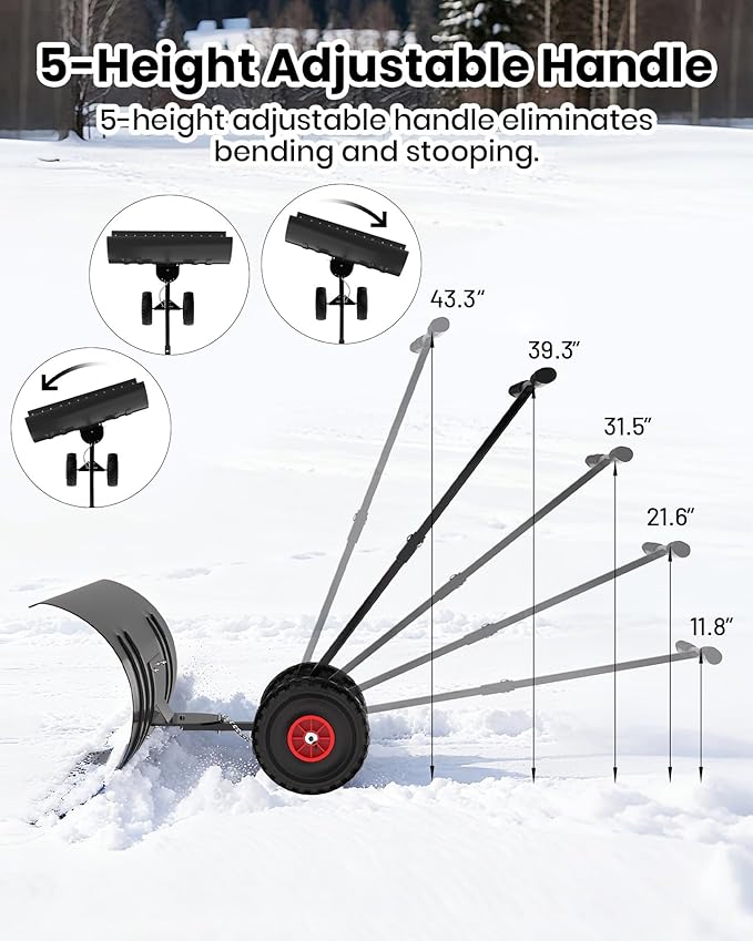 36” Snow Shovel for Driveway,Heavy Duty Wheeled Rolling Shovels 5 Position Angled Blade, Ergonomic Handle & Rubber Wheels for Efficient Snow Removal, Snow Plow for Doorway,Driveway and Sidewalks