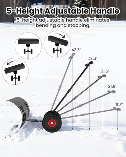 36” Snow Shovel for Driveway,Heavy Duty Wheeled Rolling Shovels 5 Position Angled Blade, Ergonomic Handle & Rubber Wheels for Efficient Snow Removal, Snow Plow for Doorway,Driveway and Sidewalks