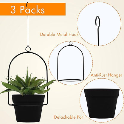 Gardzen 3 Packs Hanging Pots for Plants Outdoor & Indoor, Black Hanging Planter, Pot Hangers for Plant Flower