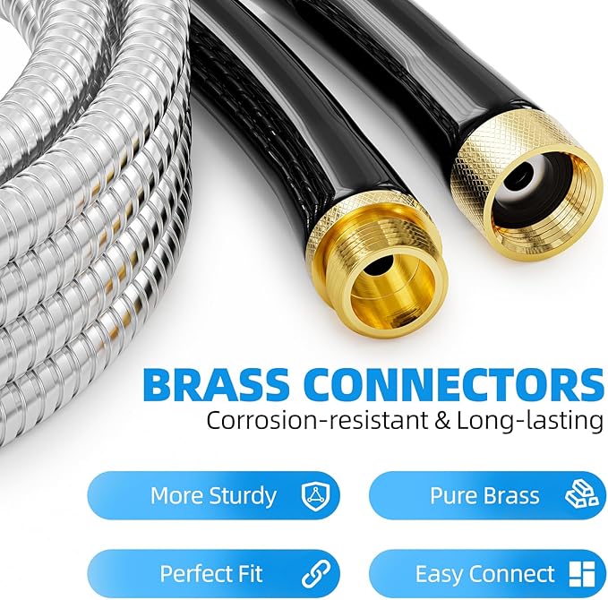 SPECILITE Stainless Steel Leader Garden Hose 10 FT, Flexible and Lightweight Short Water Hose, Non-Expandable Heavy Duty Metal Waterhose with Brass Fittings for Reel, Yard, Outdoor, Boat