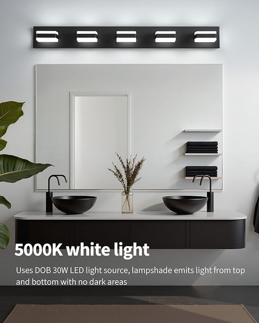 Bathroom Lighting Fixtures Over Mirror, 5 Light Bathroom Vanity Light Fixtures with Cool White 5000K, Matte Black LED Modern Vanity Wall Lights for Bath, Dressing Room, Restroom, 37.4 inch