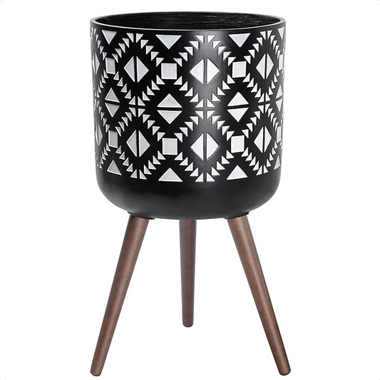 D'vine Dev 14 Inch Planter Pot with Stand, Mid-Century Tall Plant Pot with Legs for Indoor Plants, White/Black, 88-G-D-4