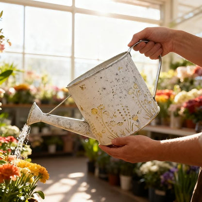 Vintage Metal Watering Can with Floral Embossed Design Garden Distressed White Decorative Watering Pot Planter Rustic Farmhouse Waterer for Home Indoor Outdoor Garden Balcony Courtyard (White#2)