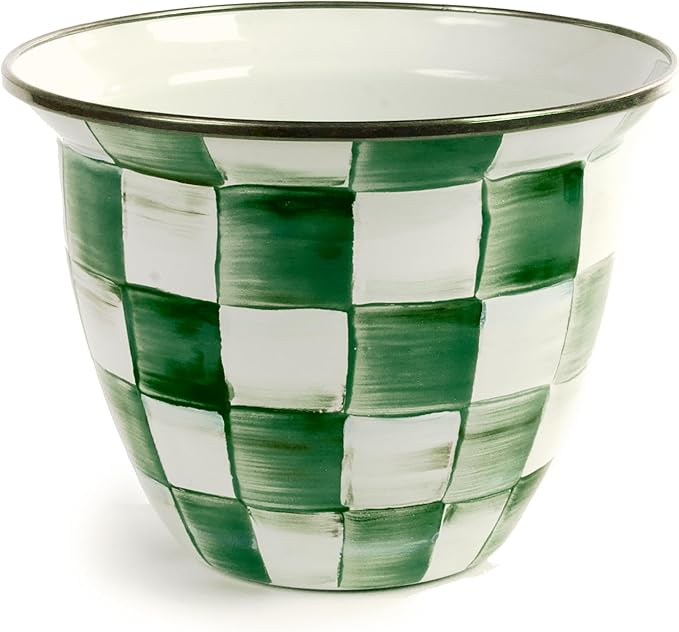 MACKENZIE-CHILDS Flowerpot, Decorative Garden Pot for Growing Plants, Green-and-White Emerald Check