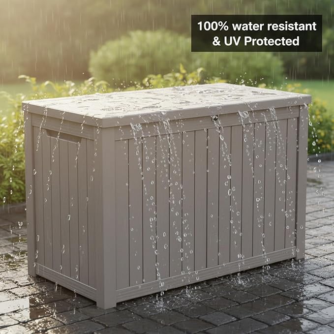 180 Gallon Resin Deck Box with Lockable Lid - Outdoor Waterproof Storage for Patio Furniture, Garden Tools, Cushions & Pool Accessories, All-Weather Wood Grain Design
