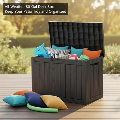 80 Gallon Resin Deck Box, Outdoor Storage Container for Patio Furniture Cushions, Garden Tools, Pool Accessories & Yard Equipment - All-Weather, Lockable, Wood Grain Design