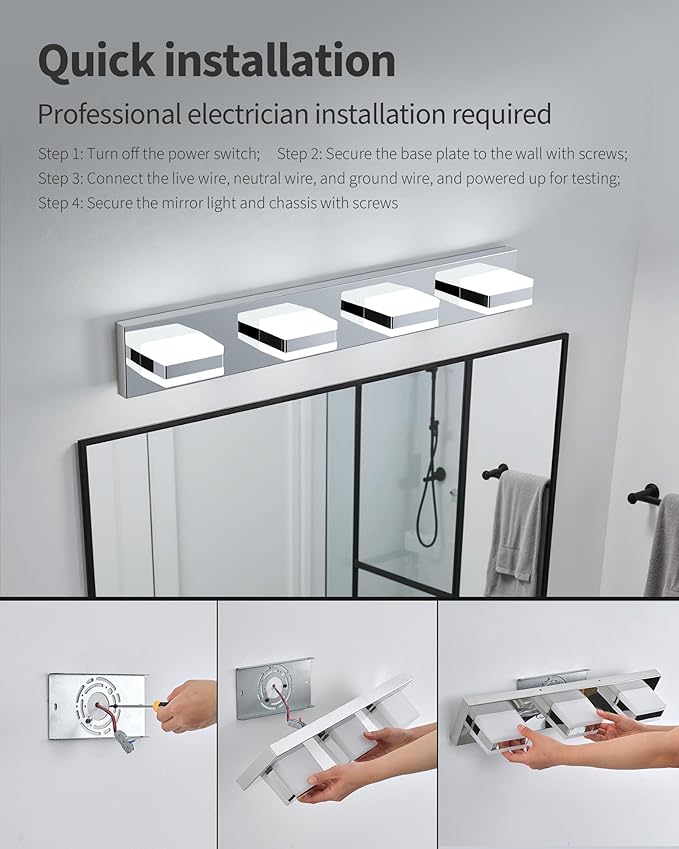 Bathroom Lighting Fixtures Over Mirror, 4 Light Bathroom Vanity Light Fixtures with Cool White 5000K, Silver LED Modern Vanity Wall Lights for Bath, Dressing Room, Restroom, 29.5 inch