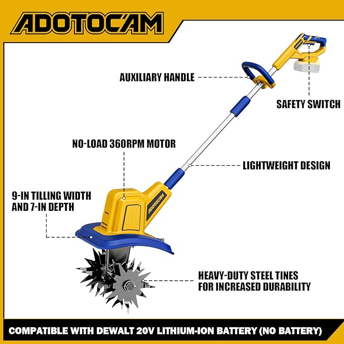Cordless Tiller Cultivator Compatible with Dewalt 20V Battery(Tool Only), 360RPM Battery Powered Garden Cultivator, 9In Tilling Width & 7In Depth Tiller for Gardening