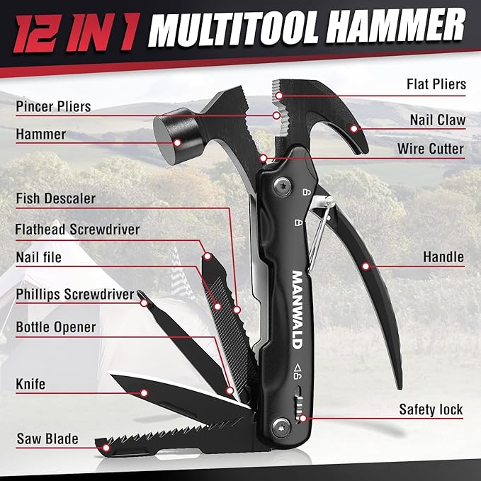 12 in 1 Multitool Hammer, Gifts for Dad, Christmas Stocking Stuffers for Men Adults, Camping Accessories Survival Gear, Cool Gadgets Gifts for Men, Husband, Boyfriends, Birthday Gifts for Him
