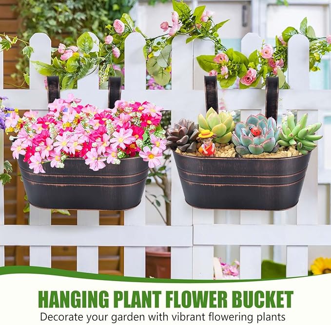 OBTANIM 4 Pack Metal Hanging Flower Pots Iron Railing Planter Outdoor Fence Hanging Pots Bucket Plant Holder with Detachable Hooks Drain Holes for Home Garden Yard Decor (Black)
