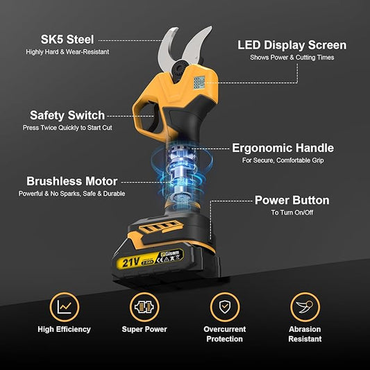 Electric Pruning Shears for Gardening, Battery Pruning Shears Max 2.4” Opening Diameter, Electric Pruner with LCD Display & 2 x 2000mAh Batteries for Branch, Fruit Plucking and Tree Trimming