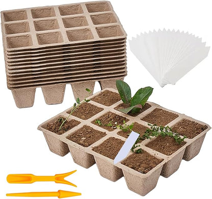 144 Cells Seed Entry Tray, 12 Packs Biodegradable Seedling Peat Pots, Organic Germinating Plant Entry Kit with 100 White Labels and 2 Planting Transplanters