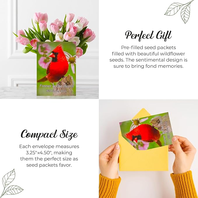 Pack of 20 Pre-Filled Seed Packets Forever in Our Hearts Thoughtful Party Favors for Guests, Funerals, and Memorial Services - Cardinal Wildflower Seed Mix for Year-Round Celebration of Life