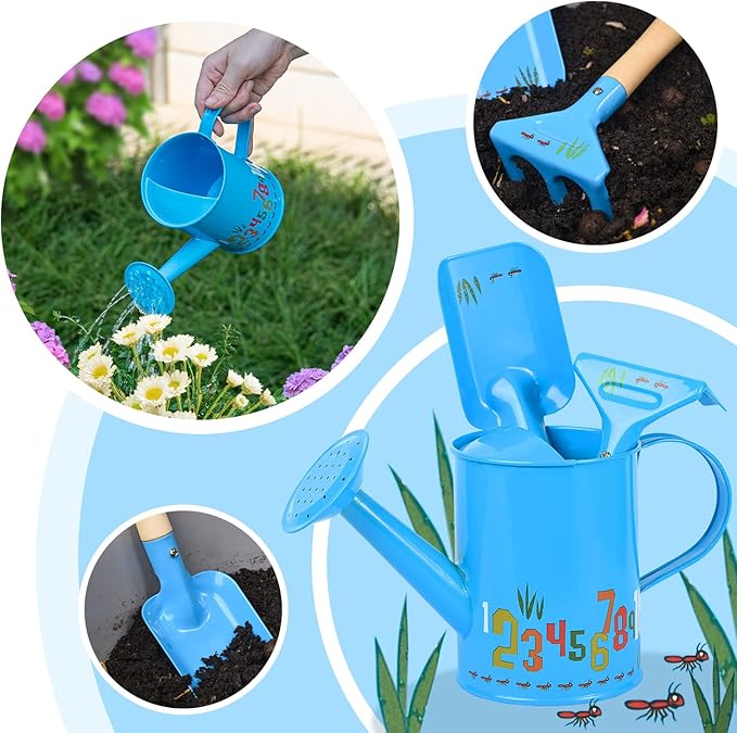 Sungmor Small Watering Can Set Cute Little Gardener Kit | Package Includes 3PC Blue Number Watering Can & Trowel & Rake Gardening Hand Tools | Perfect for Garden,Yard or Beach