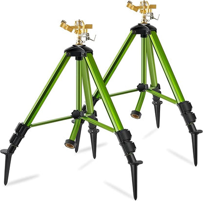 Impact Sprinklers on Tripod Base with Ground Plugs,Heavy Duty Brass Head Sprinkler with 360 Degree Spray,0-44ft Large Area Irrigation,Tripod Sprinkler with Extension Legs for Yard Garden Lawn,2 Pack